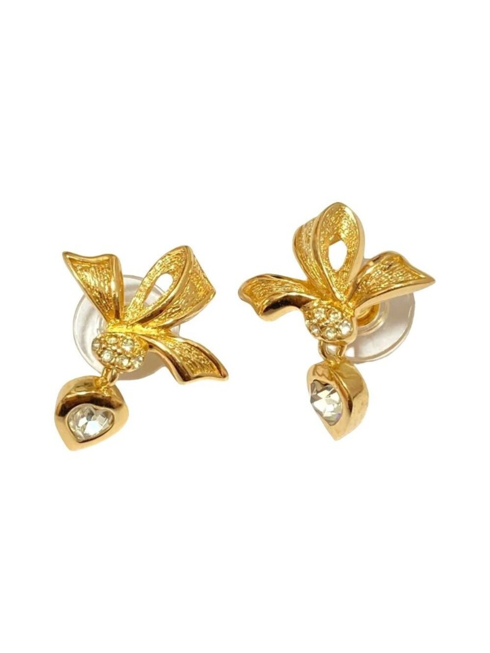 Dior Vintage Ribbon Rhinestone Swing Heart Earrings Gold Colored